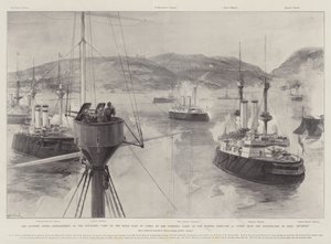 The Eastern Crisis, bombardement av opprørsleiren på åsene øst for Canea av Combined Fleet of the Powers, 21. februar, Scene fra Fighting-Toppen av HMS Revenge